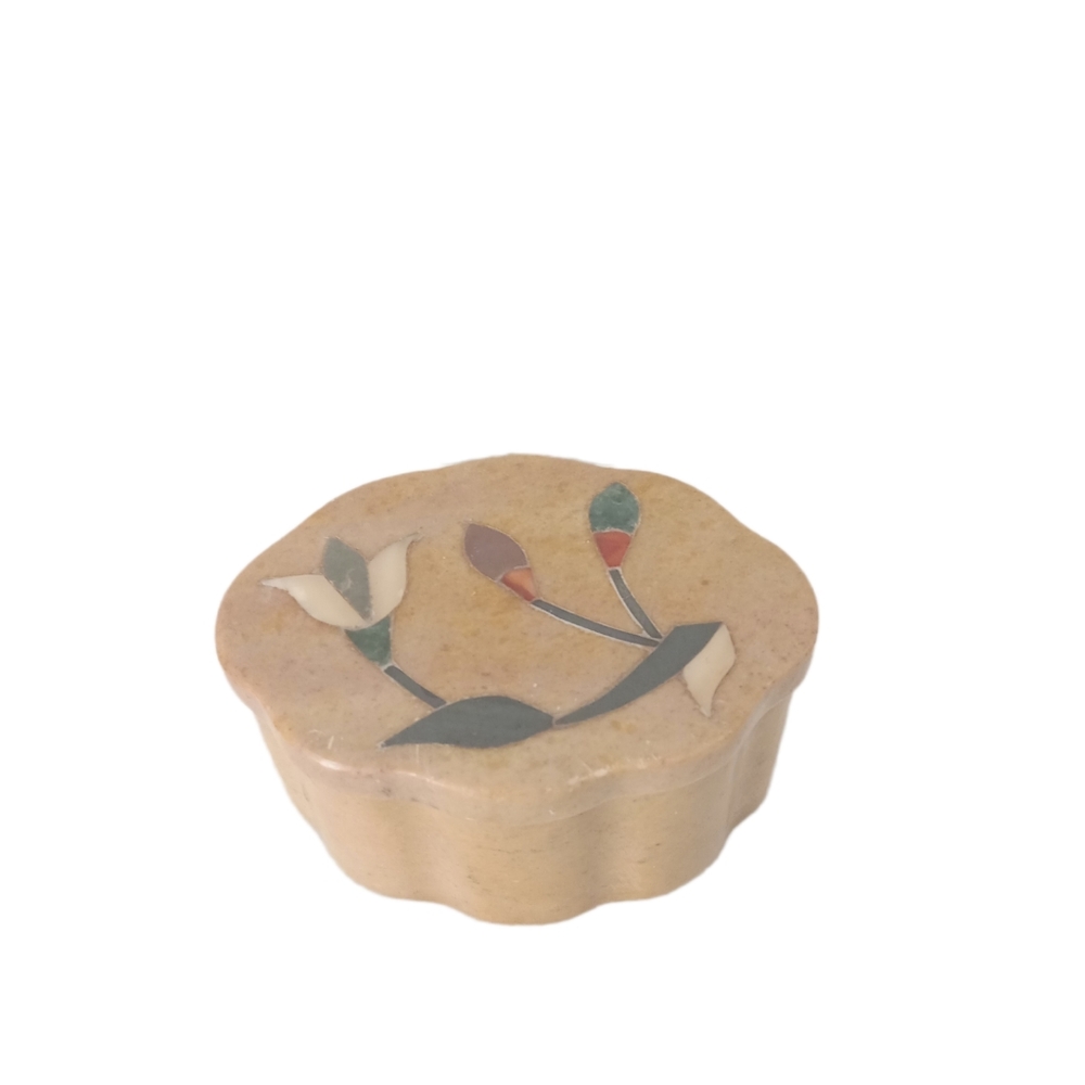 Fetco Trinket Box Stone Marble with Lid Inlay Flower Design Handmade in India